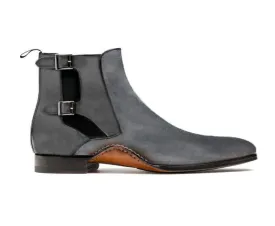 Ankle High Gray Color Chelsea Boot, Men's Handmade Suede Double Buckle Boots