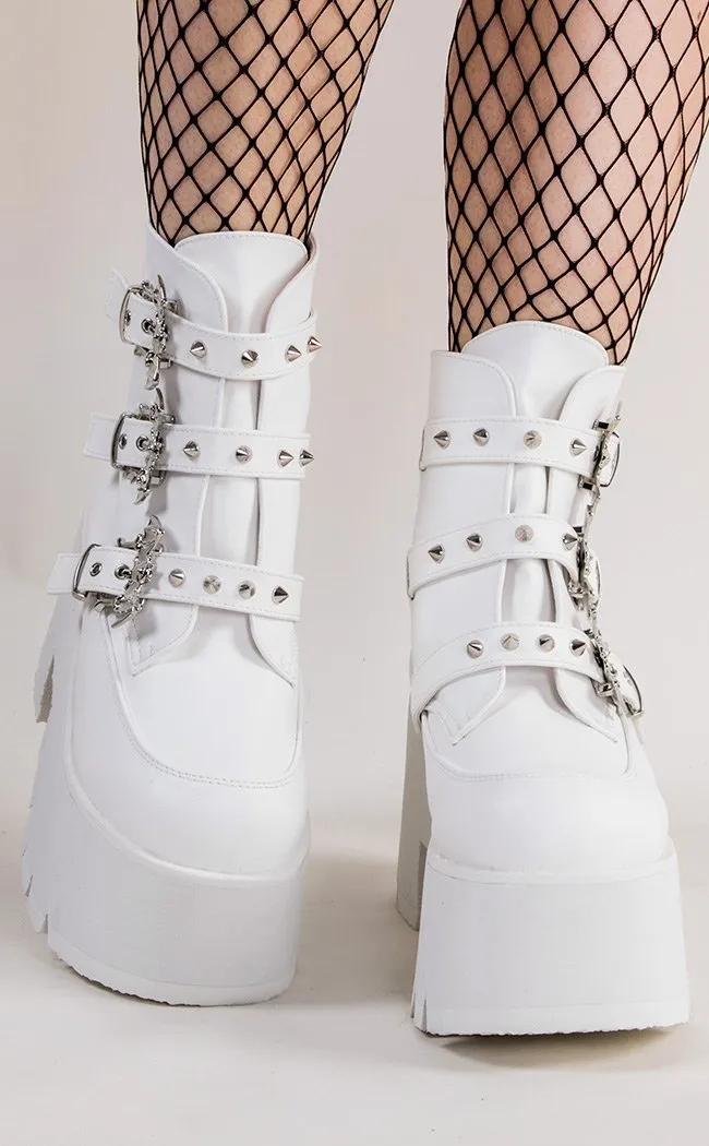 ASHES-55 White Vegan Leather Bat Buckle Platform Ankle Boots (Au Stock)