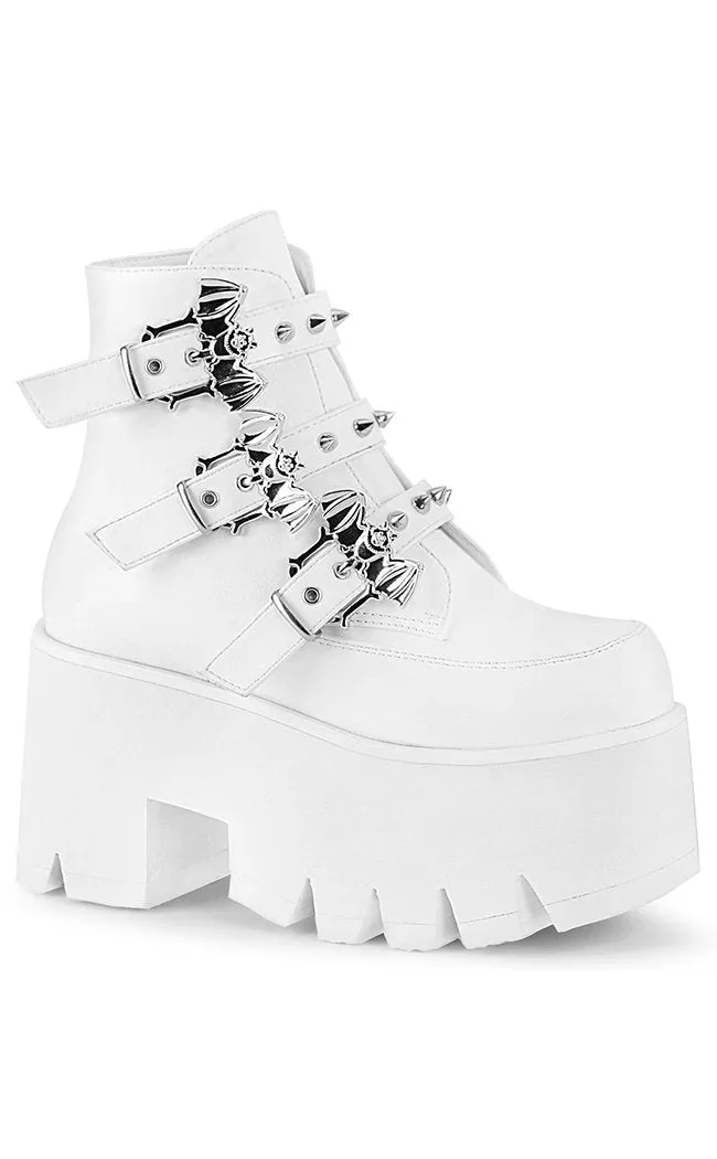 ASHES-55 White Vegan Leather Bat Buckle Platform Ankle Boots (Au Stock)