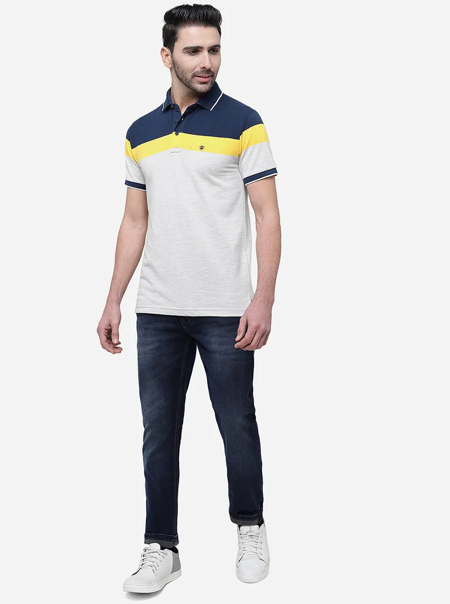 Grey & Milange Striped Slim Fit Polo T-Shirt | JadeBlue