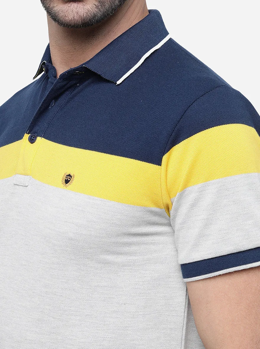 Grey & Milange Striped Slim Fit Polo T-Shirt | JadeBlue