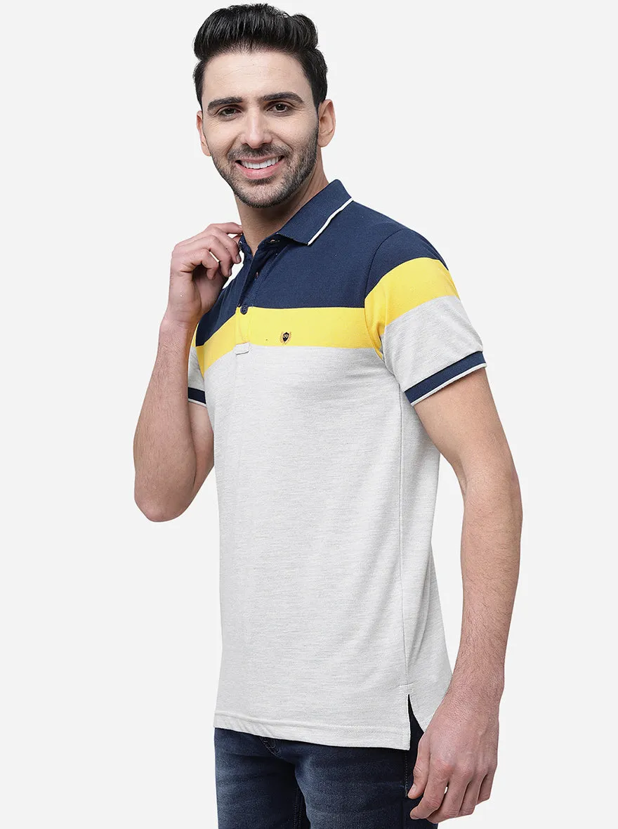 Grey & Milange Striped Slim Fit Polo T-Shirt | JadeBlue