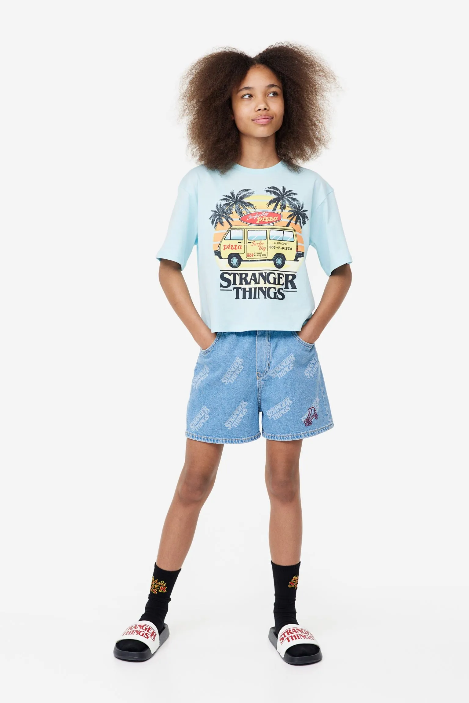 H&M Stranger Things Printed Pool Slippers, white/black