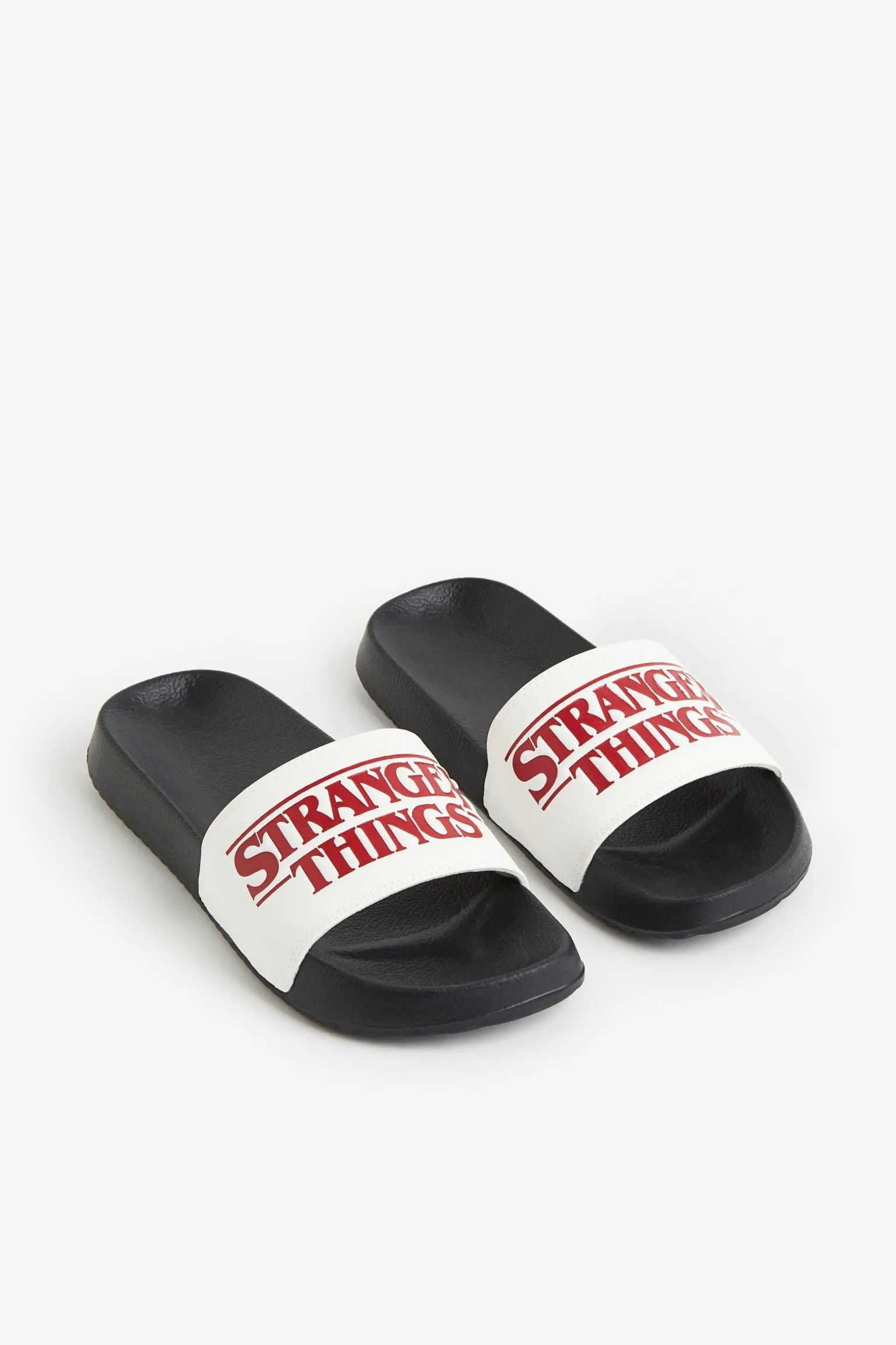 H&M Stranger Things Printed Pool Slippers, white/black