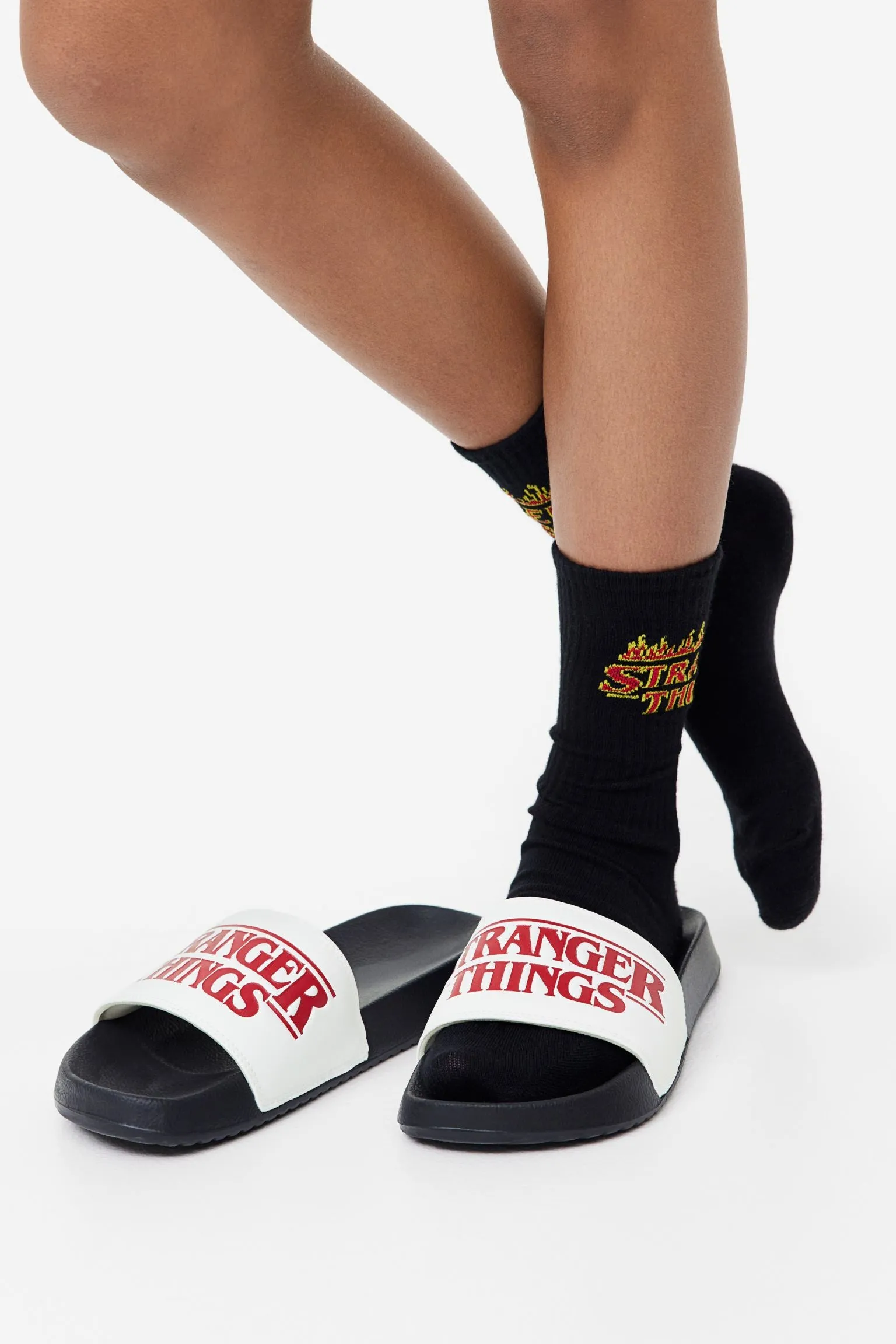 H&M Stranger Things Printed Pool Slippers, white/black