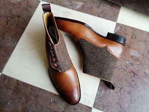 Handmade Brogue Toe Leather Tweed Button Tan Boot