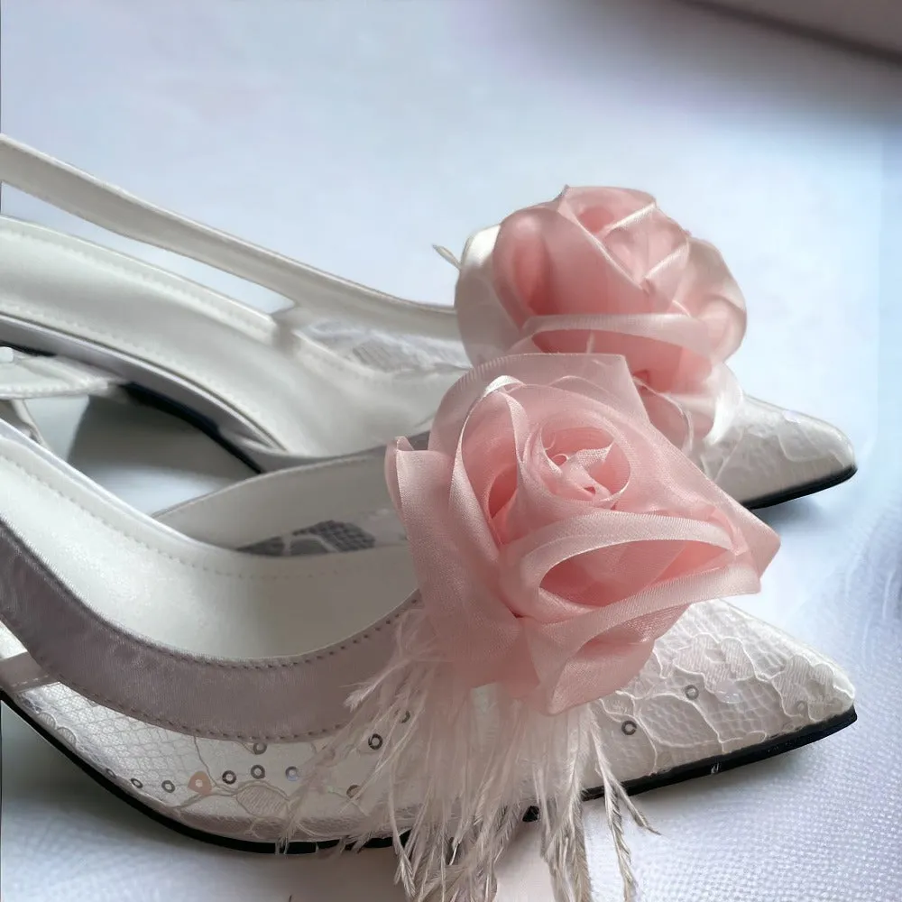 Organza Rose Fabric Flower Feather Shoes Clips, Handmade Decor - Champagne