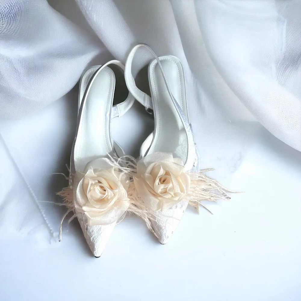 Organza Rose Fabric Flower Feather Shoes Clips, Handmade Decor - Champagne