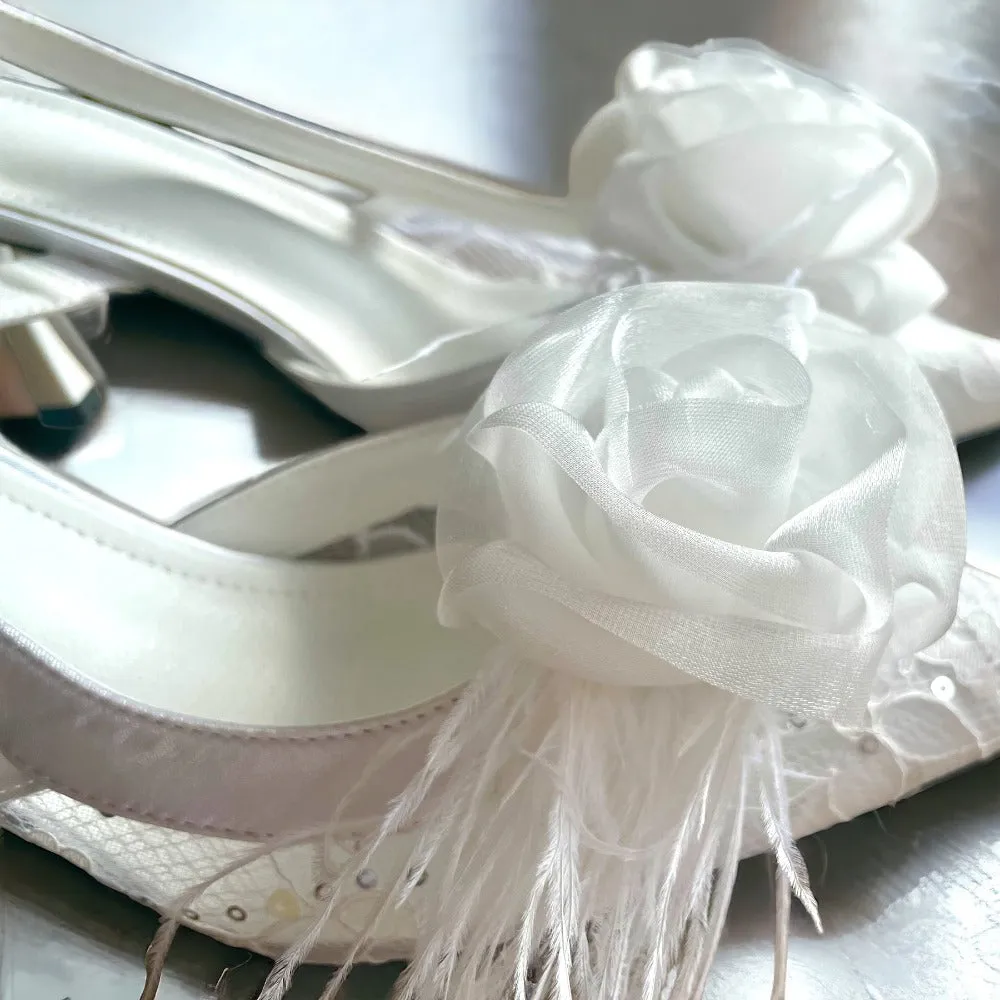 Organza Rose Fabric Flower Feather Shoes Clips, Handmade Decor - Champagne