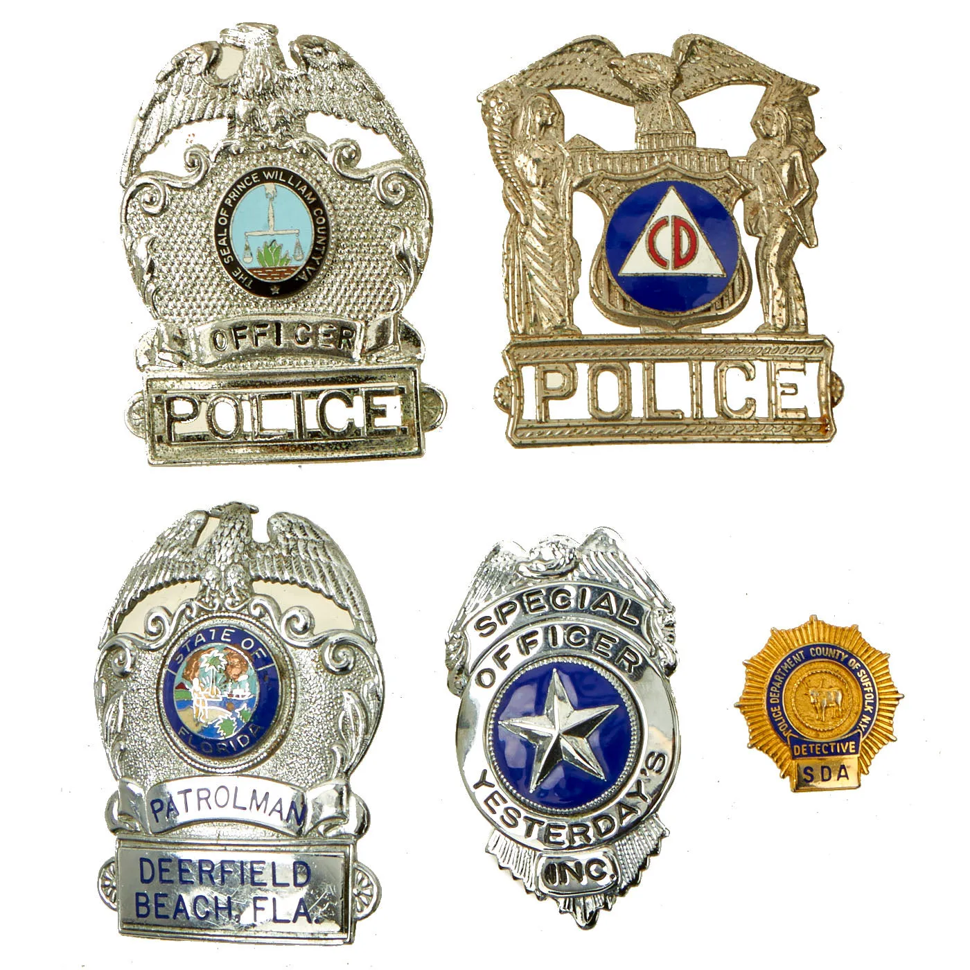 Original U.S. Civil Defense, Law Enforcement and Security Guard Cap Badge Collection - 5 Items