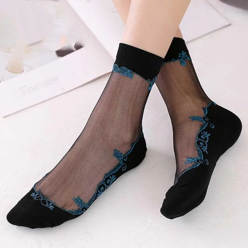 Women Embroidered Flowers Transparent Lace Mesh Socks