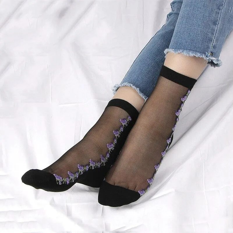 Women Embroidered Flowers Transparent Lace Mesh Socks