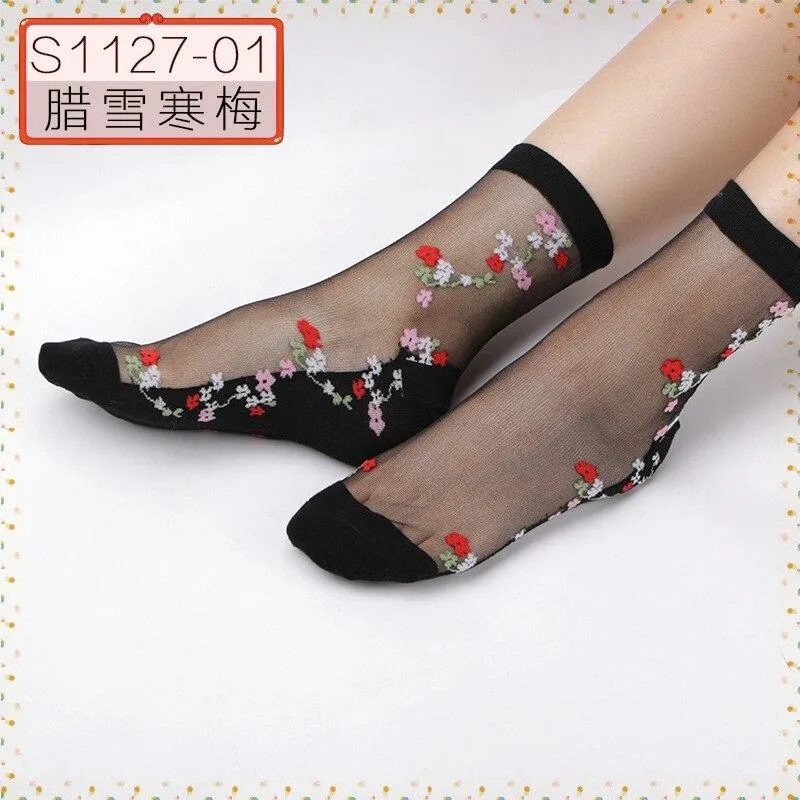 Women Embroidered Flowers Transparent Lace Mesh Socks