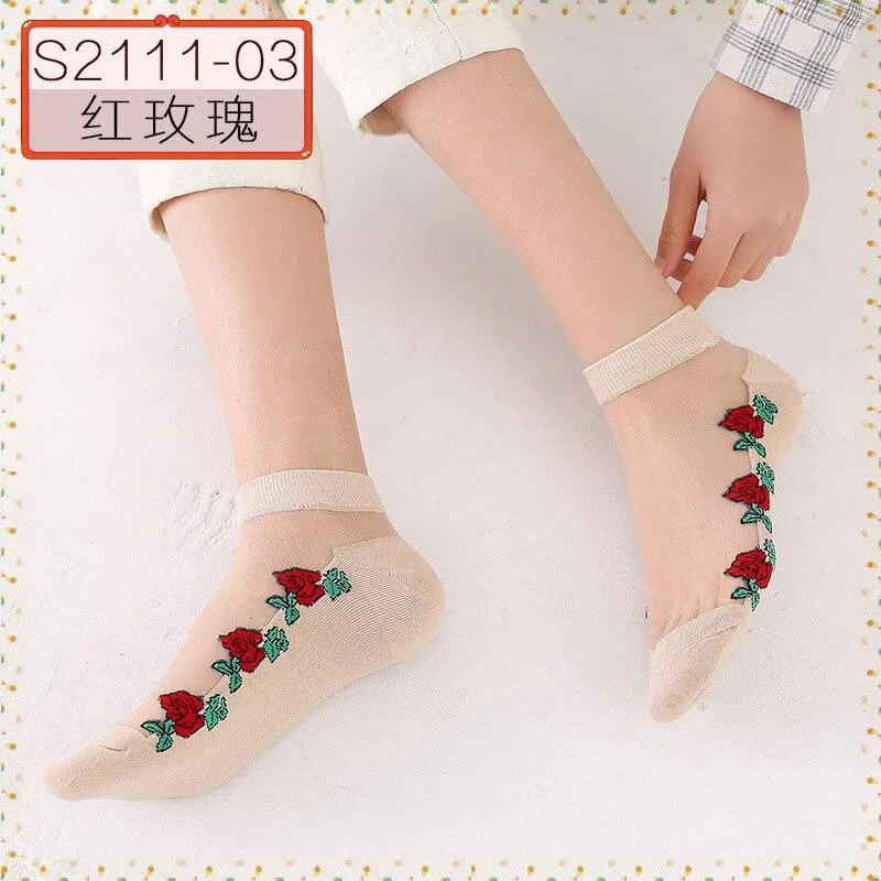 Women Embroidered Flowers Transparent Lace Mesh Socks