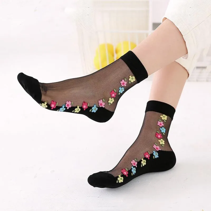 Women Embroidered Flowers Transparent Lace Mesh Socks