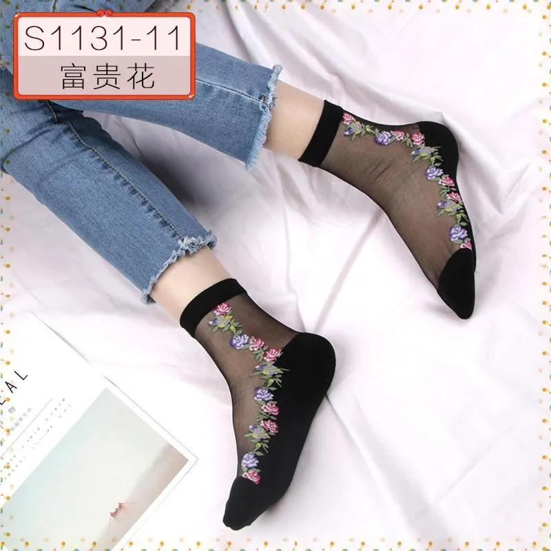 Women Embroidered Flowers Transparent Lace Mesh Socks