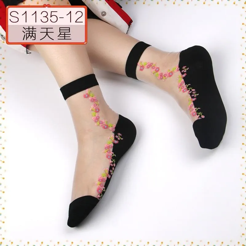 Women Embroidered Flowers Transparent Lace Mesh Socks