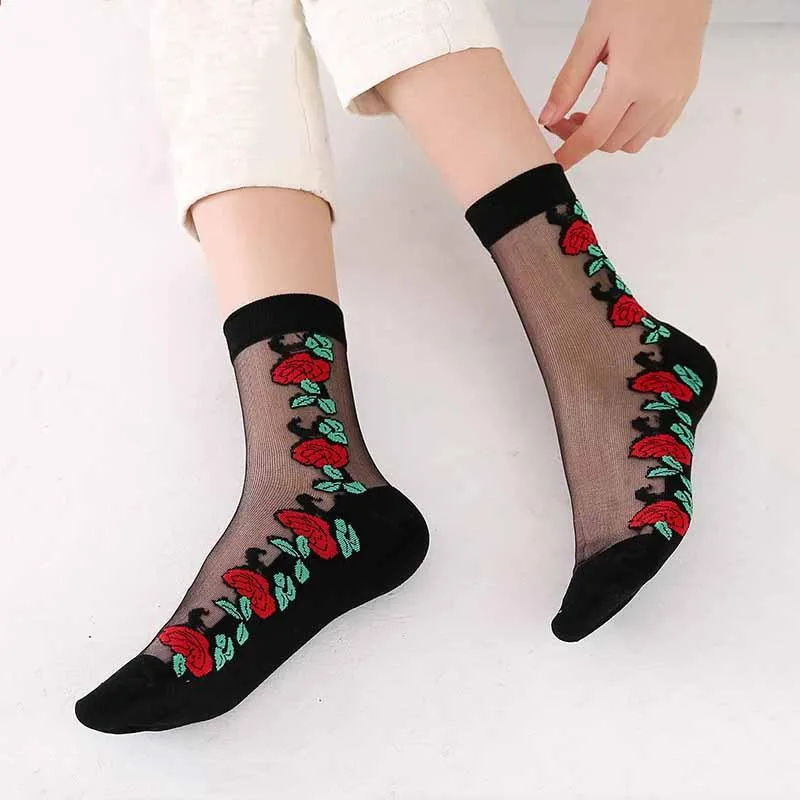 Women Embroidered Flowers Transparent Lace Mesh Socks