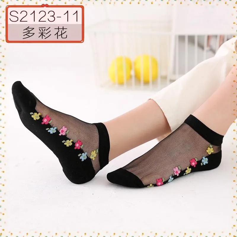 Women Embroidered Flowers Transparent Lace Mesh Socks