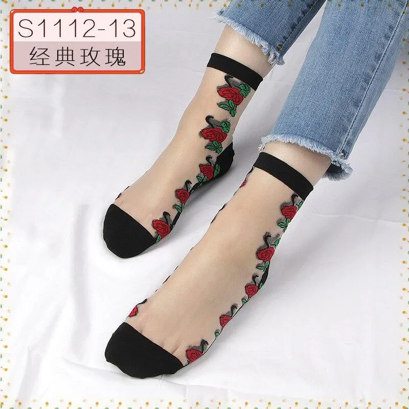 Women Embroidered Flowers Transparent Lace Mesh Socks