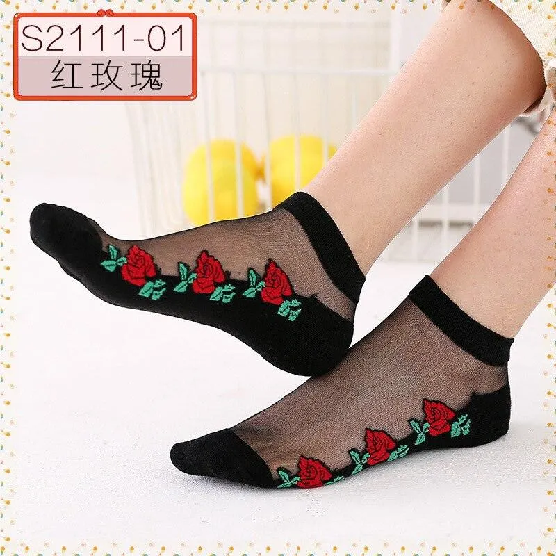 Women Embroidered Flowers Transparent Lace Mesh Socks