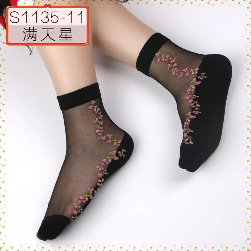 Women Embroidered Flowers Transparent Lace Mesh Socks