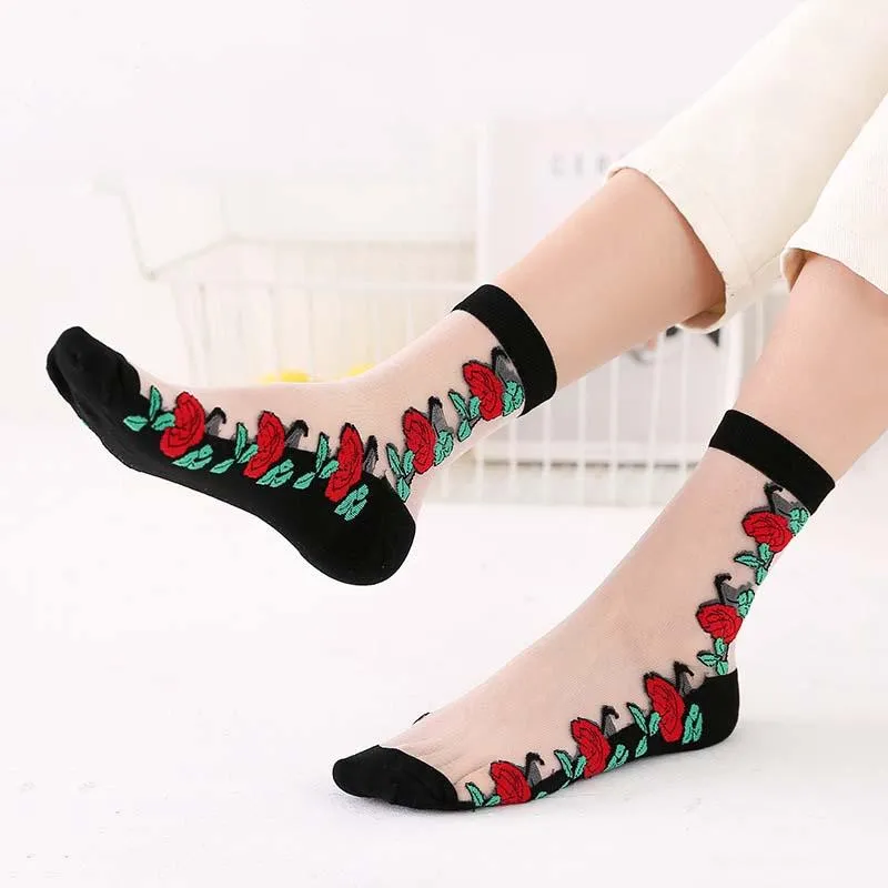 Women Embroidered Flowers Transparent Lace Mesh Socks