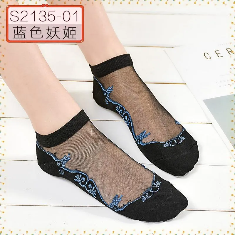 Women Embroidered Flowers Transparent Lace Mesh Socks