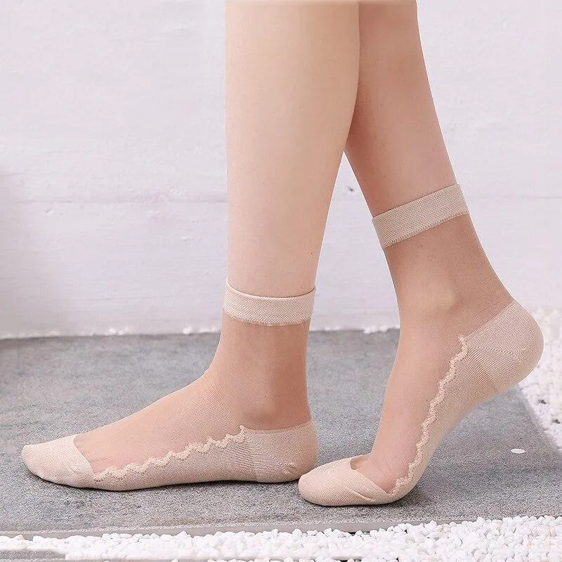 Women Embroidered Flowers Transparent Lace Mesh Socks