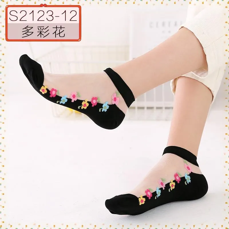 Women Embroidered Flowers Transparent Lace Mesh Socks