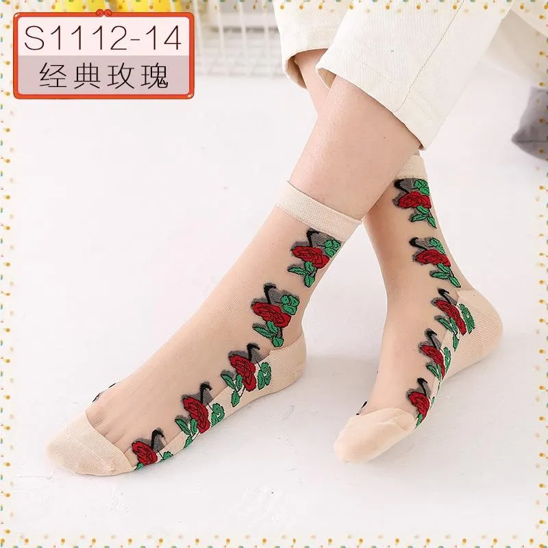 Women Embroidered Flowers Transparent Lace Mesh Socks