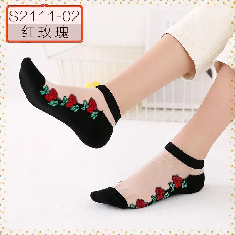 Women Embroidered Flowers Transparent Lace Mesh Socks