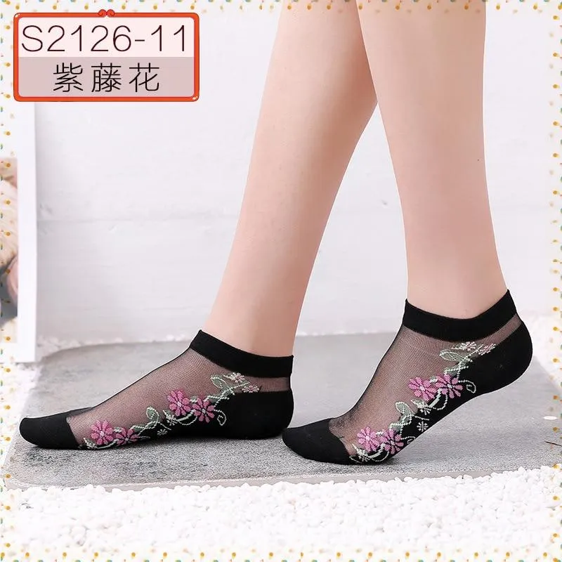 Women Embroidered Flowers Transparent Lace Mesh Socks