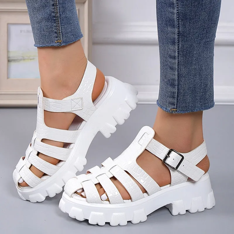 Women Summer Fashion Gladiator Narrow Band Cross-tied Platform Square Heel - WSD50210