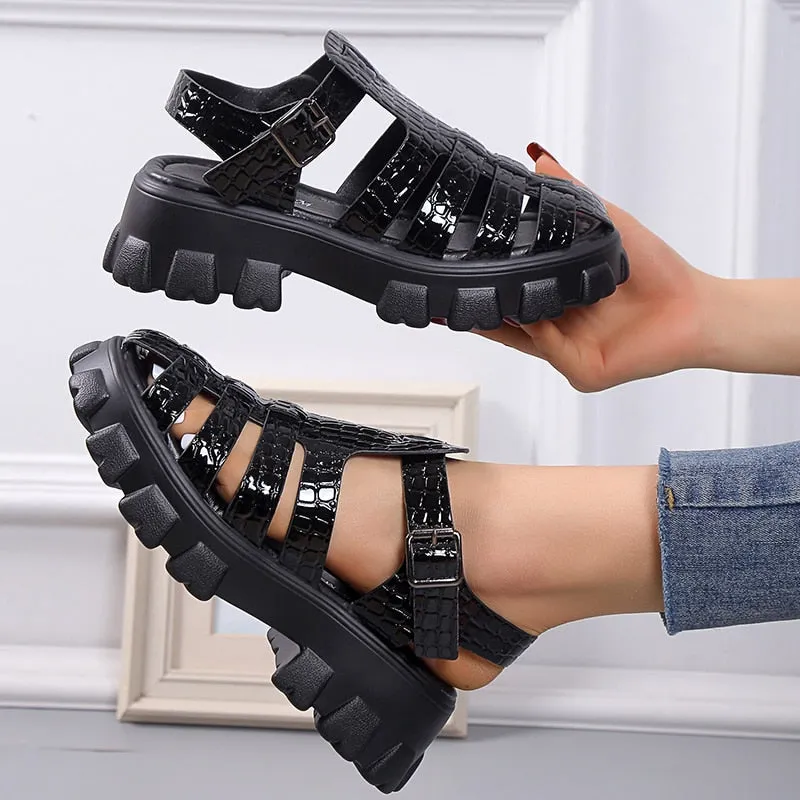 Women Summer Fashion Gladiator Narrow Band Cross-tied Platform Square Heel - WSD50210