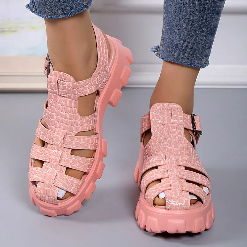 Women Summer Fashion Gladiator Narrow Band Cross-tied Platform Square Heel - WSD50210