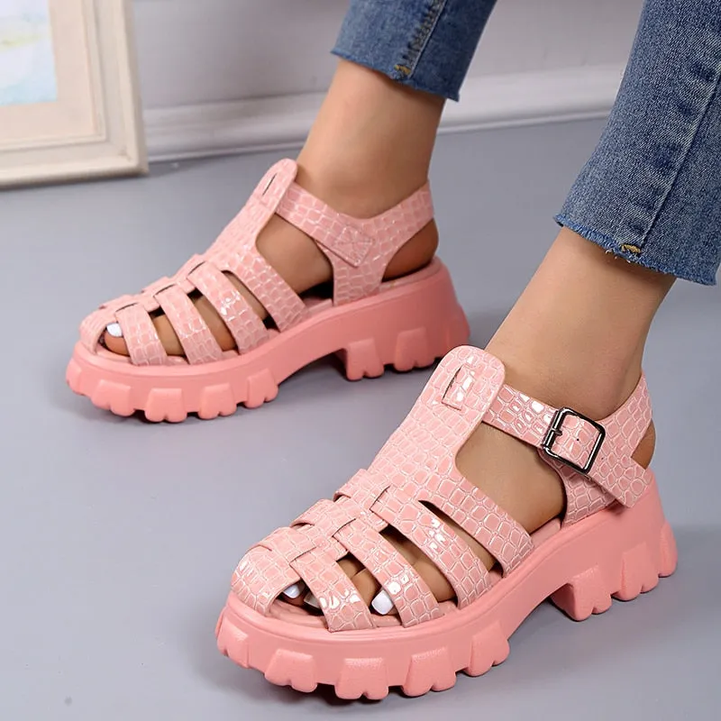 Women Summer Fashion Gladiator Narrow Band Cross-tied Platform Square Heel - WSD50210